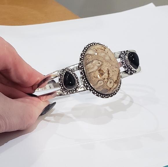 Chalcedony bracelet, 925 silver rock chalcedony black onyx adjustable bangle - Picture 11 of 15